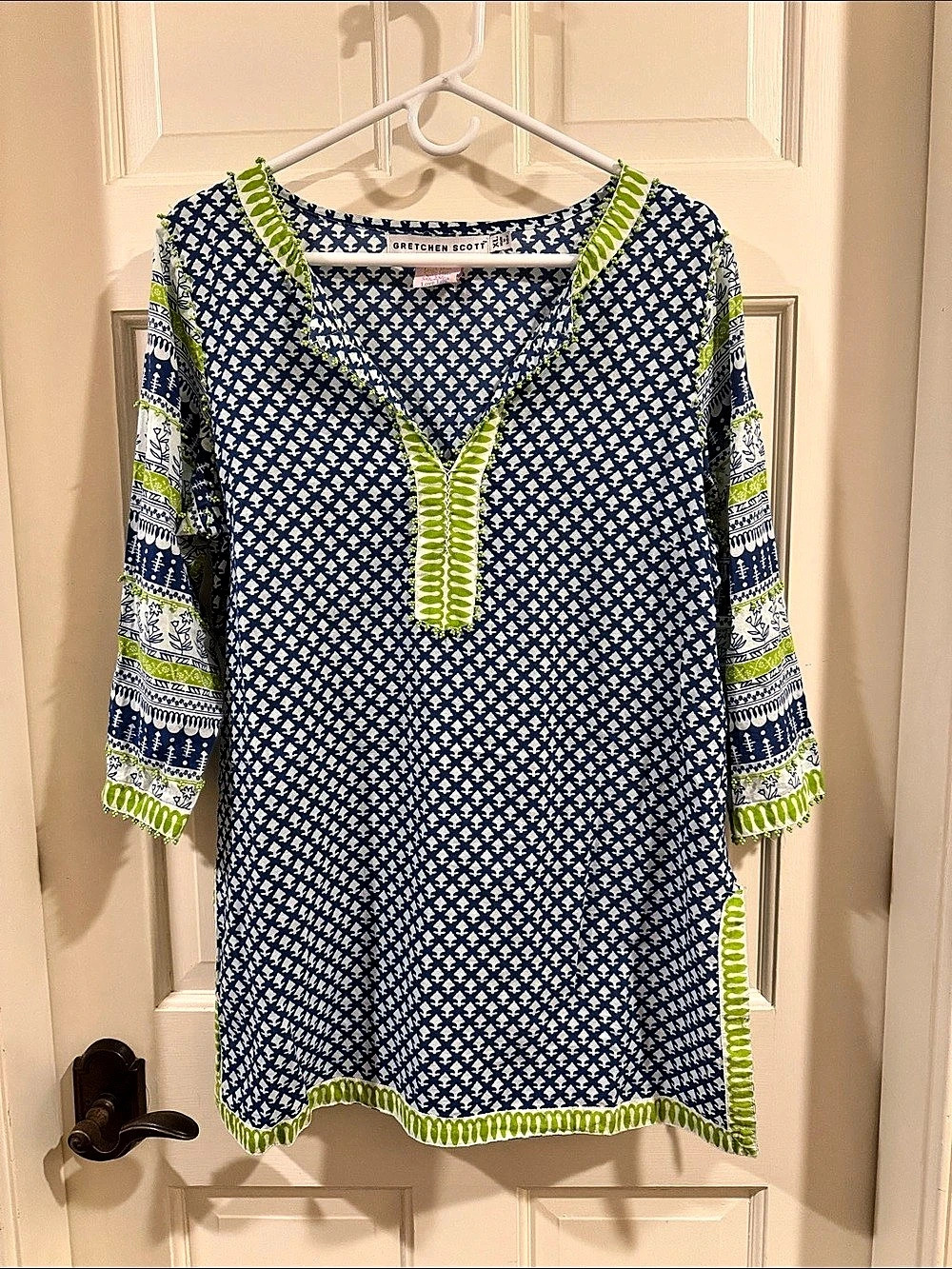 Gretchen Scott Blue and Green Cotton Printed Tunic, Size XL